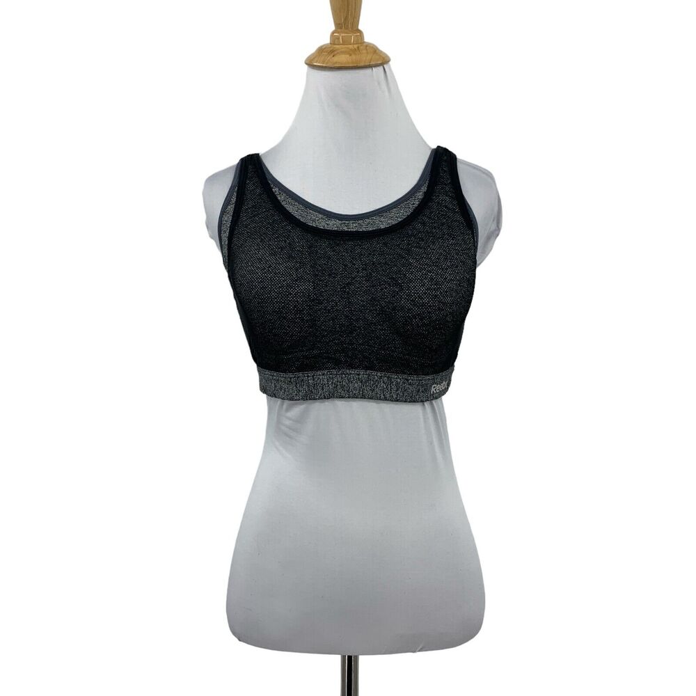 Reebok Sports Bra Womens M Medium Gray Black Mesh Overlay Strappy Back Padded